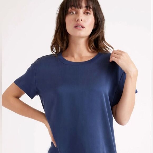 QUINCE Navy Blue 100% Washable Silk Pajama Tee NWOT Size Small - Picture 2 of 14